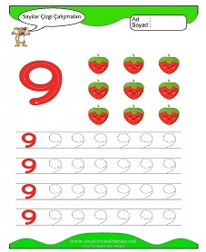 9 Rakamı Çizgi Çalışmaları Çalışma Sayfaları